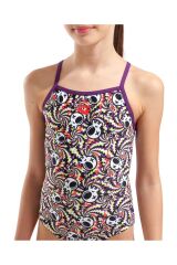 GIRL'S FUN SKULLS SWIMSUIT LIGHTDROP BACK L MULTI BLACK-PLUM 10-11 YAŞ