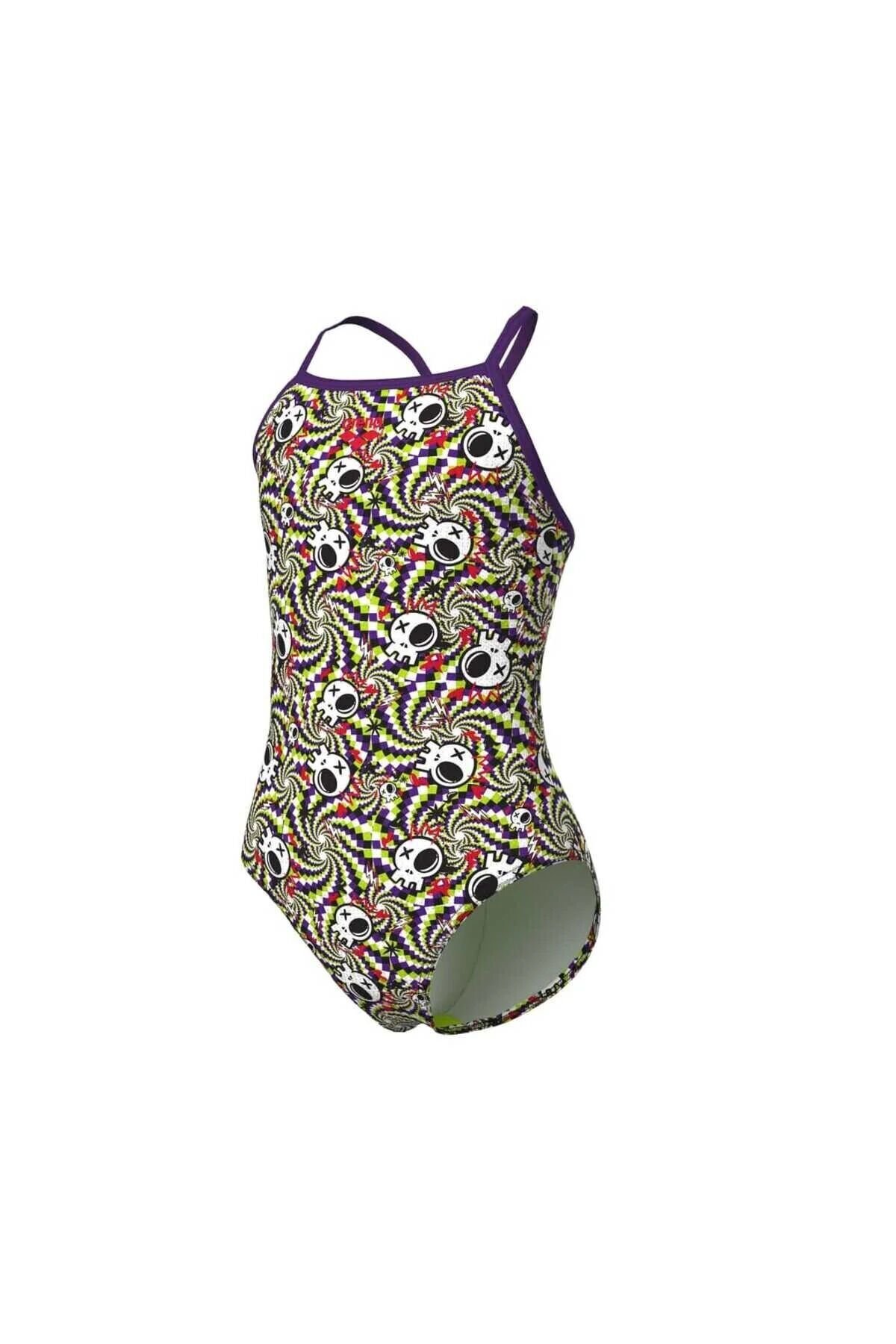GIRL'S FUN SKULLS SWIMSUIT LIGHTDROP BACK L MULTI BLACK-PLUM